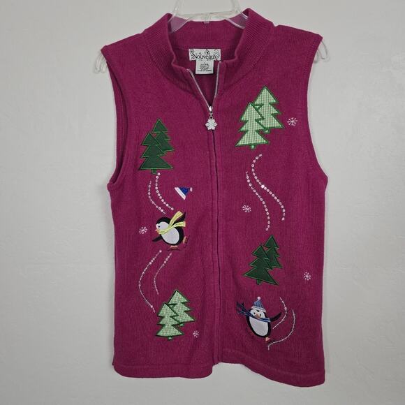 Nouveaux Red Ugly Christmas Sweater Vest Zip Up Holidays Christmas Trees L - Picture 13 of 14